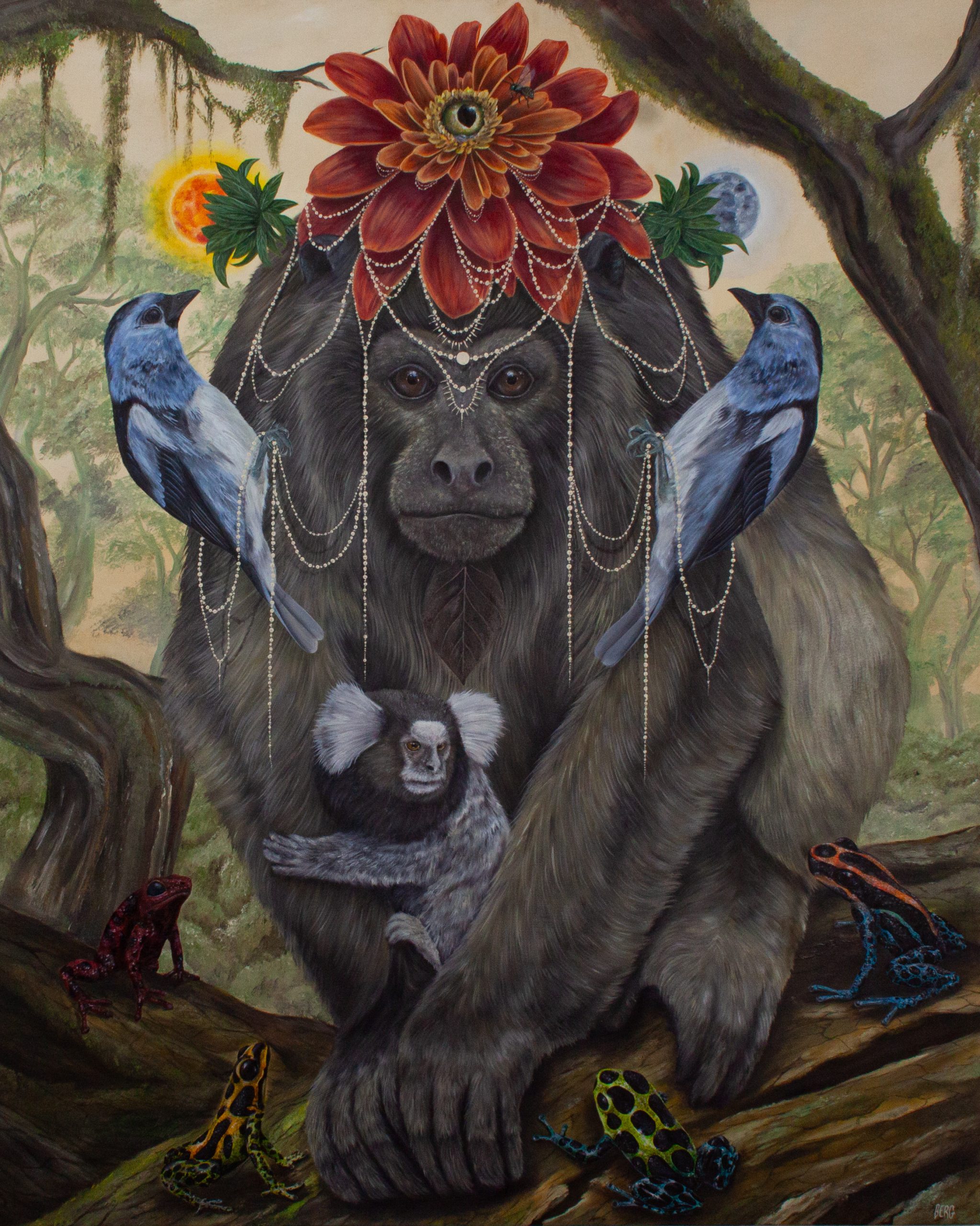 Bugio-preto (mescla entre macho e fêmea) com sagui se protegendo em seus braços. Sapos-ponta-de-flecha os rodeiam. Adornos imitam movimento dos cipós, apesar de não serem visíveis aos olhos humanos na natureza. Popularmente conhecidos por cambada-de-chaves (devido ao som que emitem), os pássaros possuem as chaves para abrir a fechadura localizado no olho da flor, que seriam os olhos dos humanos. Próxima a ela, uma abelha lambe-olhos, que tem este nome por “lamber” a secreção dos olhos das pessoas. Na obra, ajuda a secar as lágrimas que caem do olho. Da flor (dália), nasce um sol e uma lua, fazendo do bugio-preto protetor da noite e do dia.